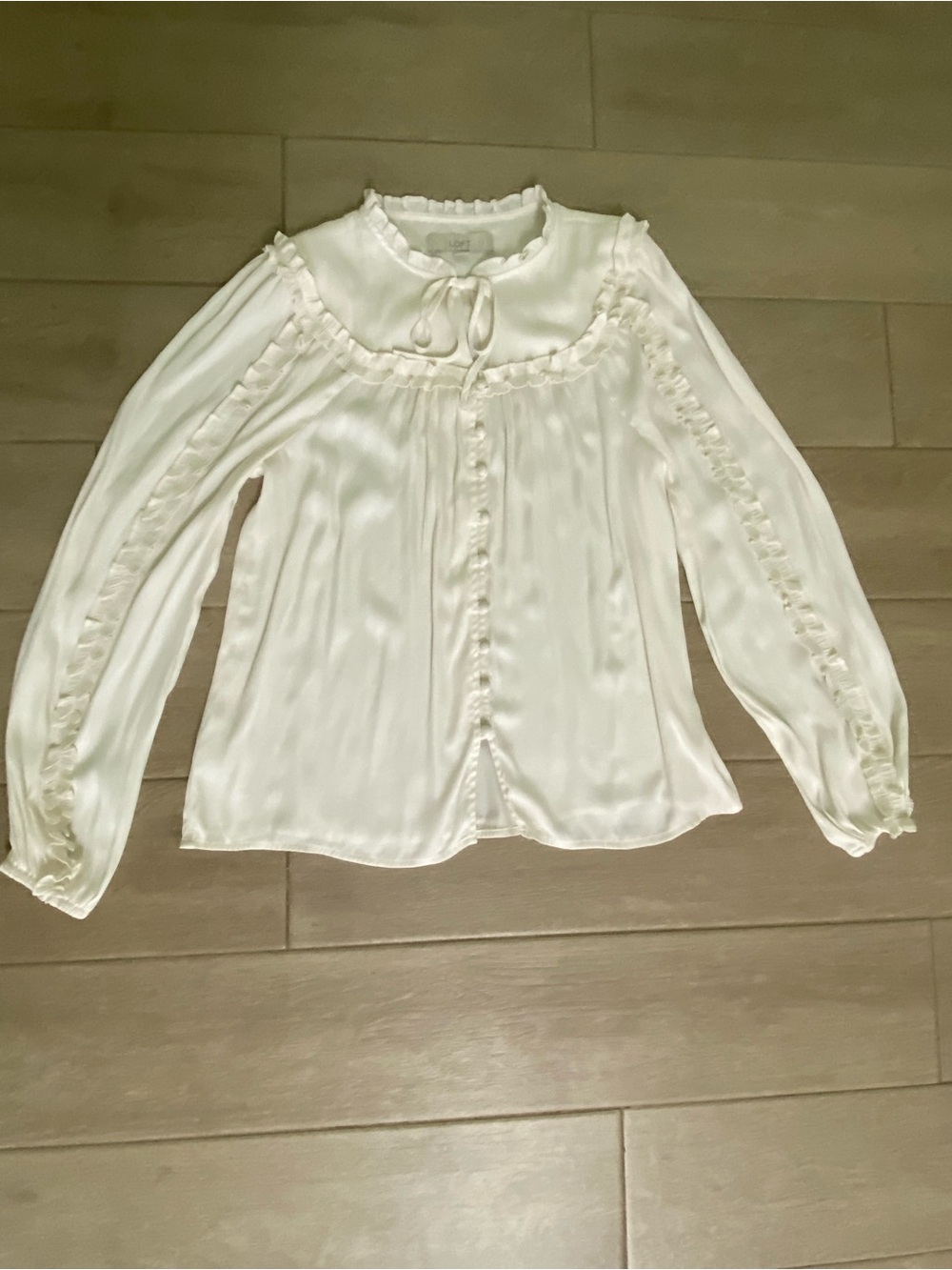 LOFT Cream Ruffle-Trim Tie-Neck Blouse
